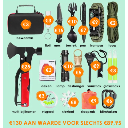 Tip: luxe survivaltool kit met bijlhamer, mes, bestek, kompas, fluit, ruithamer, visgerei, slaapzak, zaklamp en meer - Afbeelding 2
