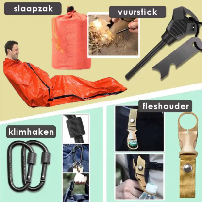 Tip: luxe survivaltool kit met bijlhamer, mes, bestek, kompas, fluit, ruithamer, visgerei, slaapzak, zaklamp en meer - Afbeelding 3