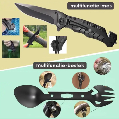 Tip: luxe survivaltool kit met bijlhamer, mes, bestek, kompas, fluit, ruithamer, visgerei, slaapzak, zaklamp en meer - Afbeelding 5
