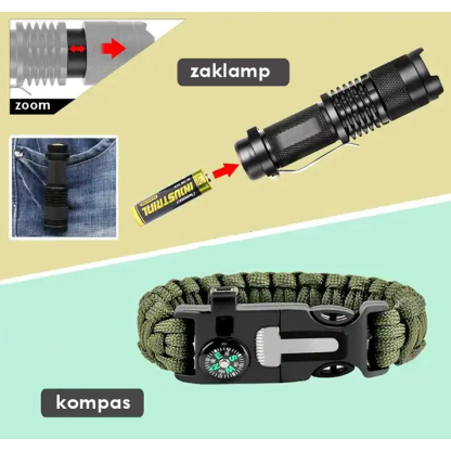 Tip: luxe survivaltool kit met bijlhamer, mes, bestek, kompas, fluit, ruithamer, visgerei, slaapzak, zaklamp en meer - Afbeelding 6
