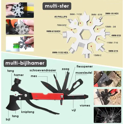 Tip: luxe survivaltool kit met bijlhamer, mes, bestek, kompas, fluit, ruithamer, visgerei, slaapzak, zaklamp en meer - Afbeelding 4
