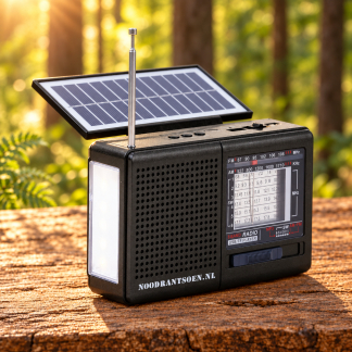 Zwarte luxe noodradio met uitklapbaar zonnepaneel in het bos