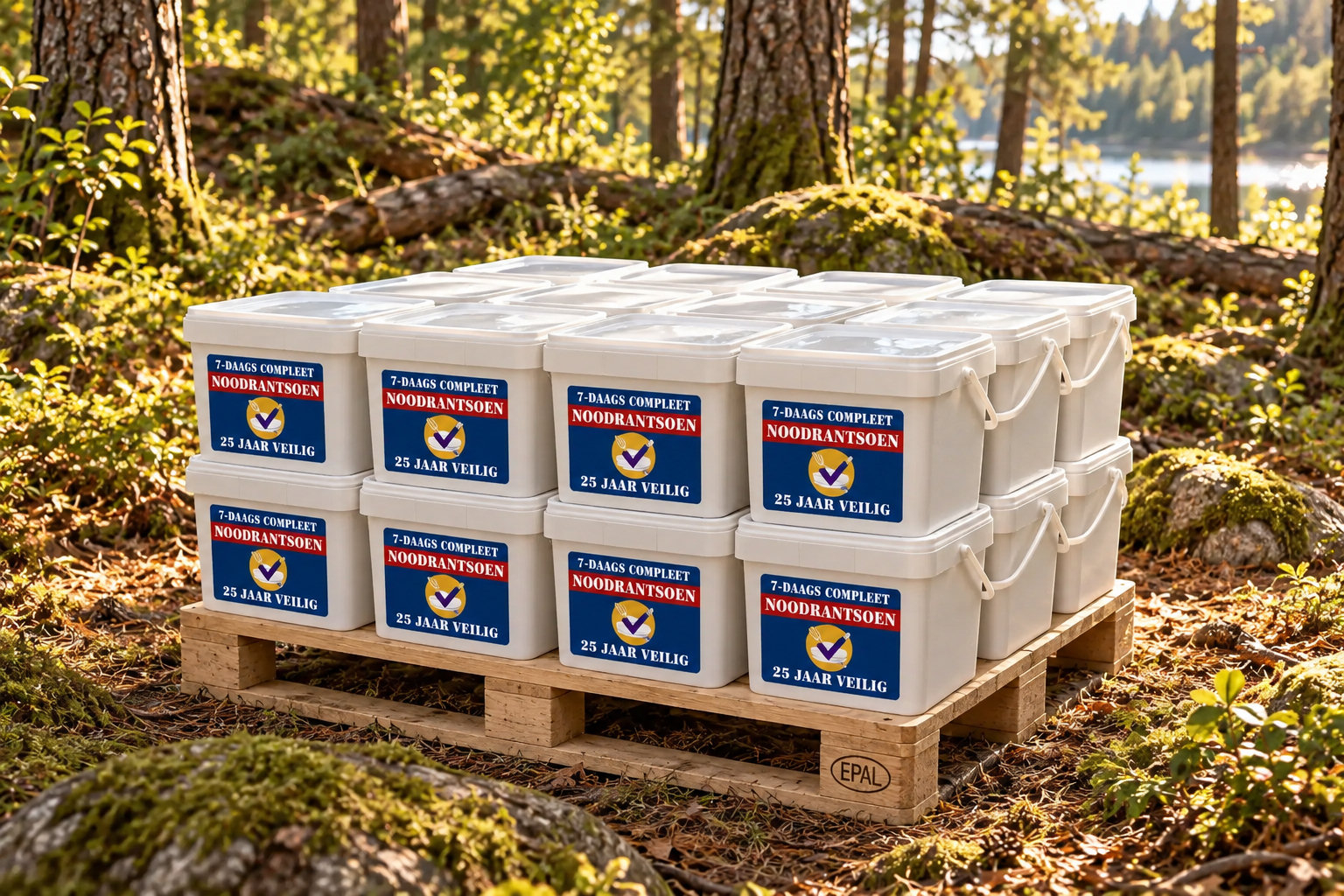 Pallet met zestien 7-daagse noodrantsoenboxen voor een gezin