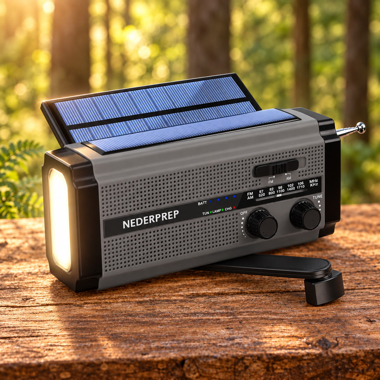 #1 noodradio met dynamo + 2 zonnepanelen + 2 lampen + mega accu + FM/AM