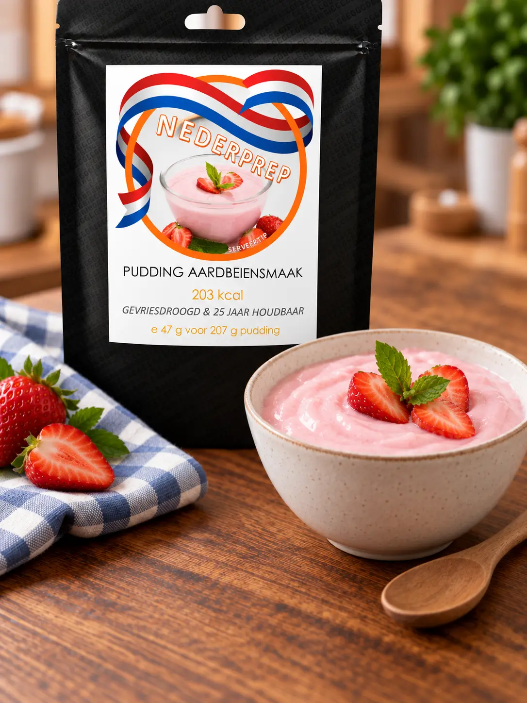 Pudding met aardbeiensmaak – serveersuggestie
