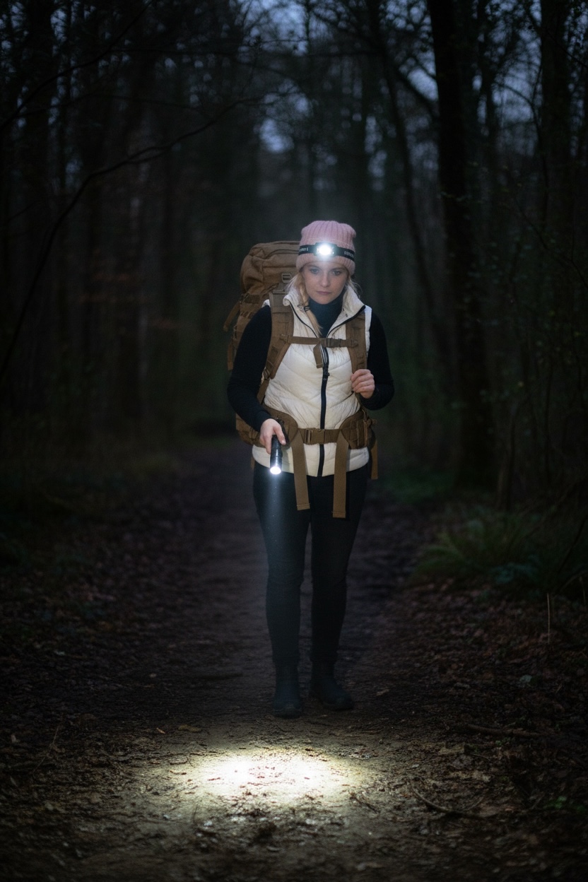 Vrouw loopt in het donkere bos met een hoofdlamp en kleine zaklamp