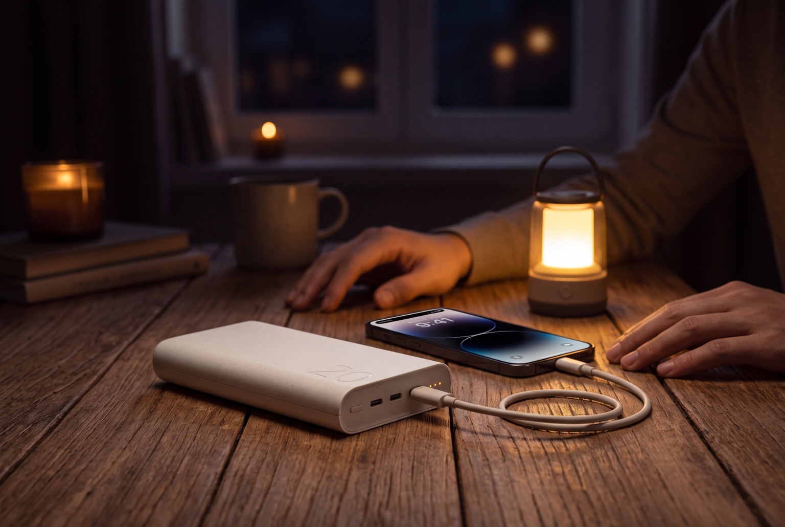 Telefoon aangesloten op een Samsung powerbank aan tafel