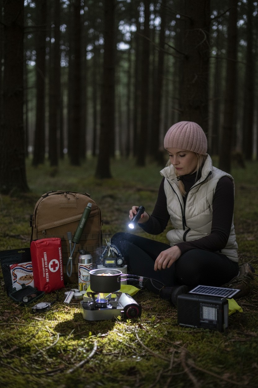 Een vrouw gebruikt de zaklamp en het kooktoestel uit het Luxe Noodpakket in het bos
