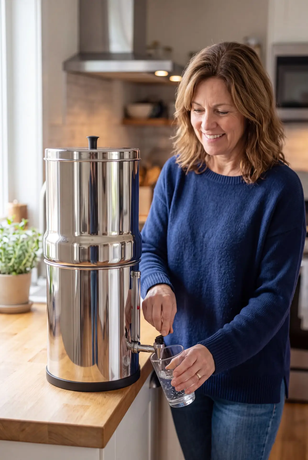 RVS waterfilter in gebruik in de keuken